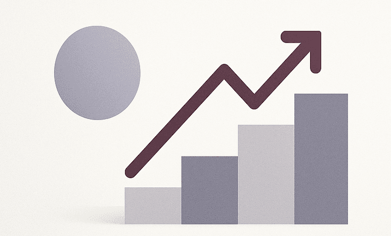 Geometric steps and a rising plum line symbolising progress and confident decisions
