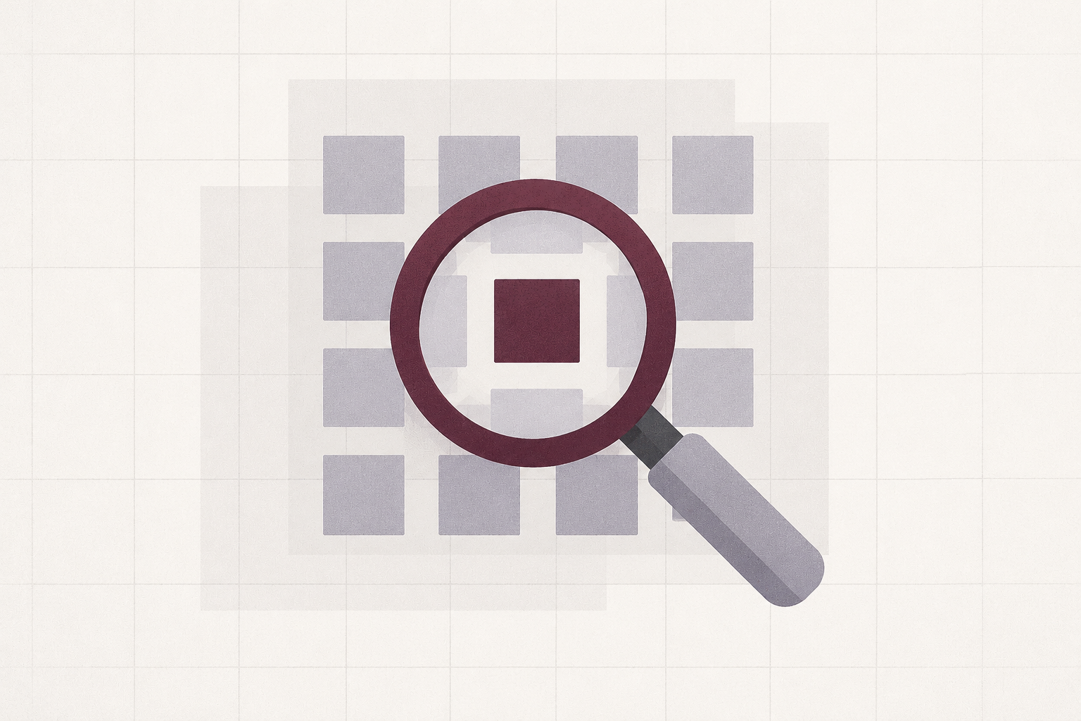 Magnifying glass isolating evidence within a geometric grid
